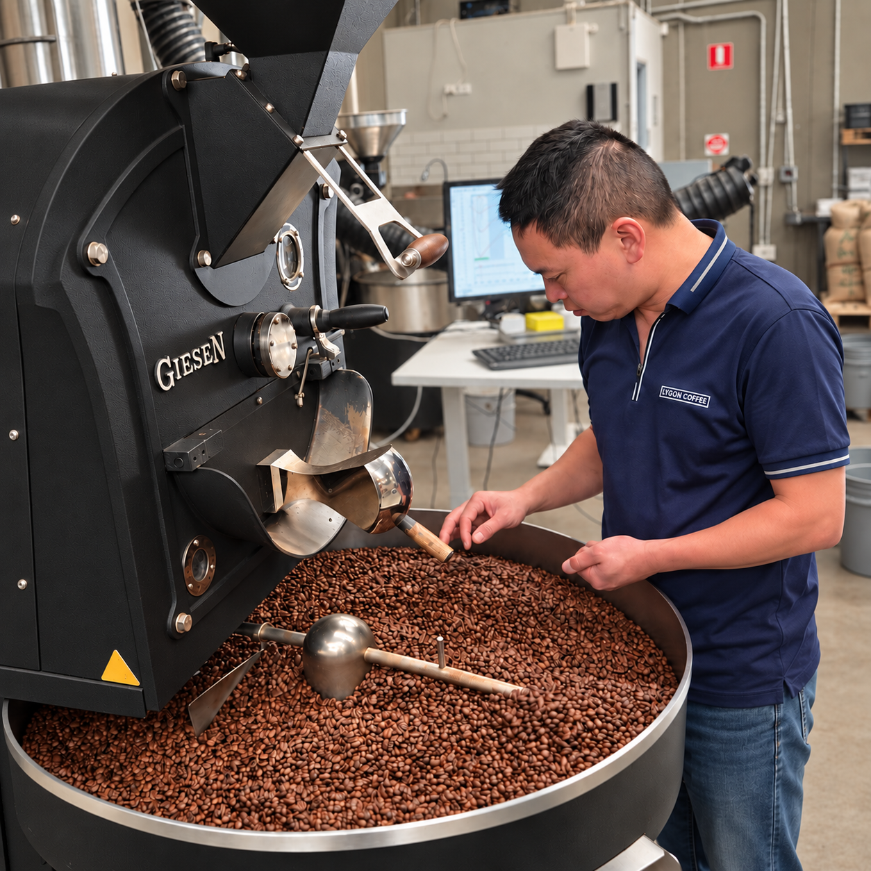 Lygon Coffee roaster checking the OmniSoul roast by hand