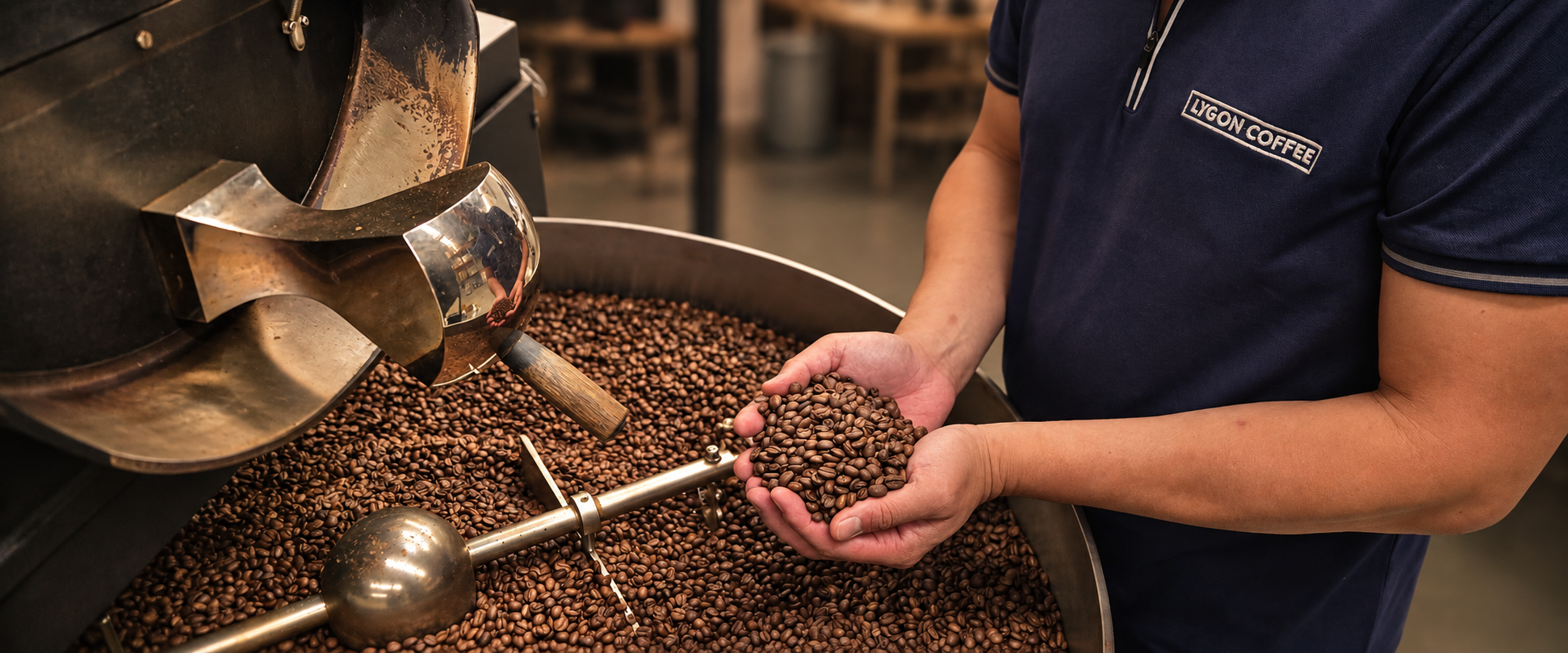 Lygon Coffee roaster at work beside the Giesen roasting machine