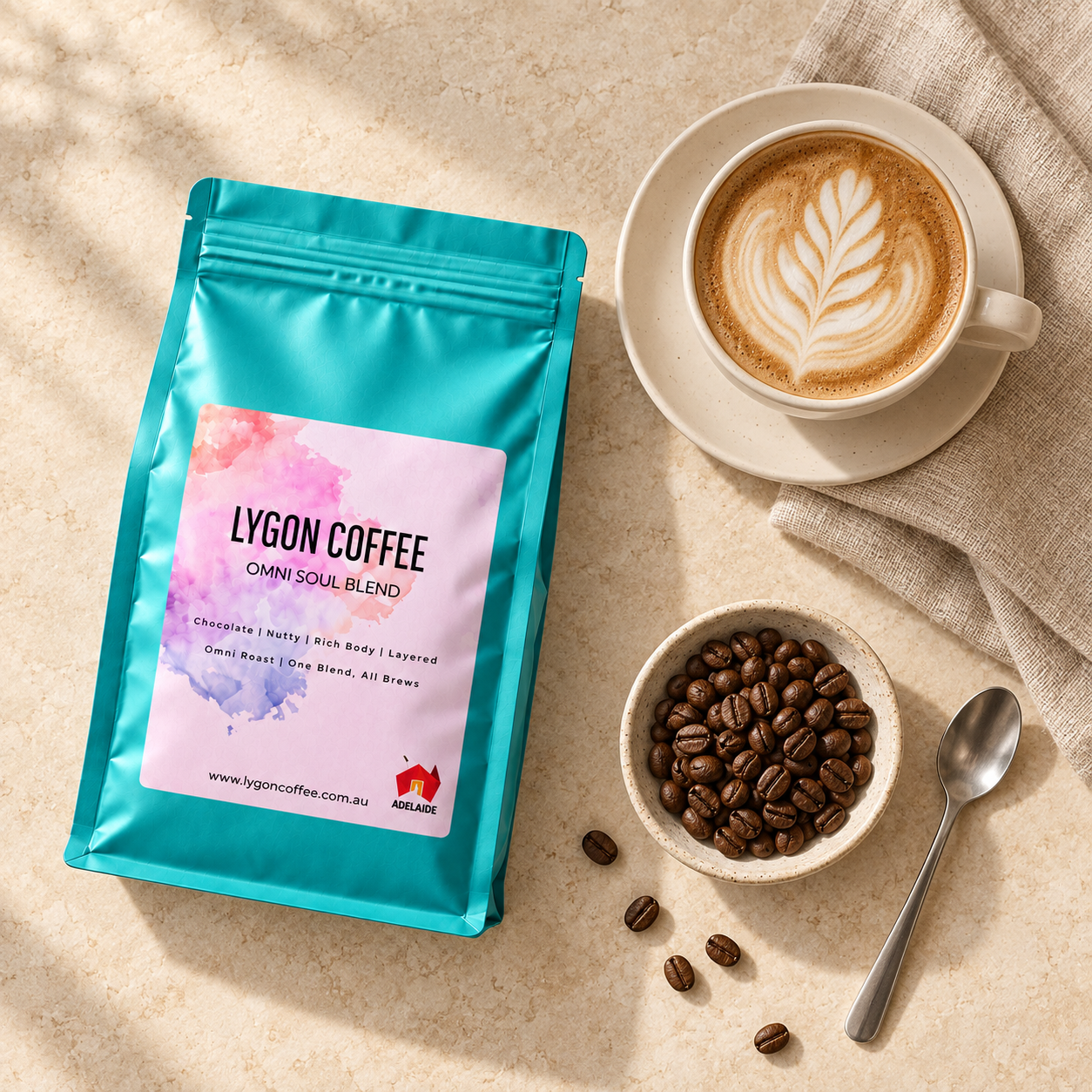 OmniSoul bag next to a latte