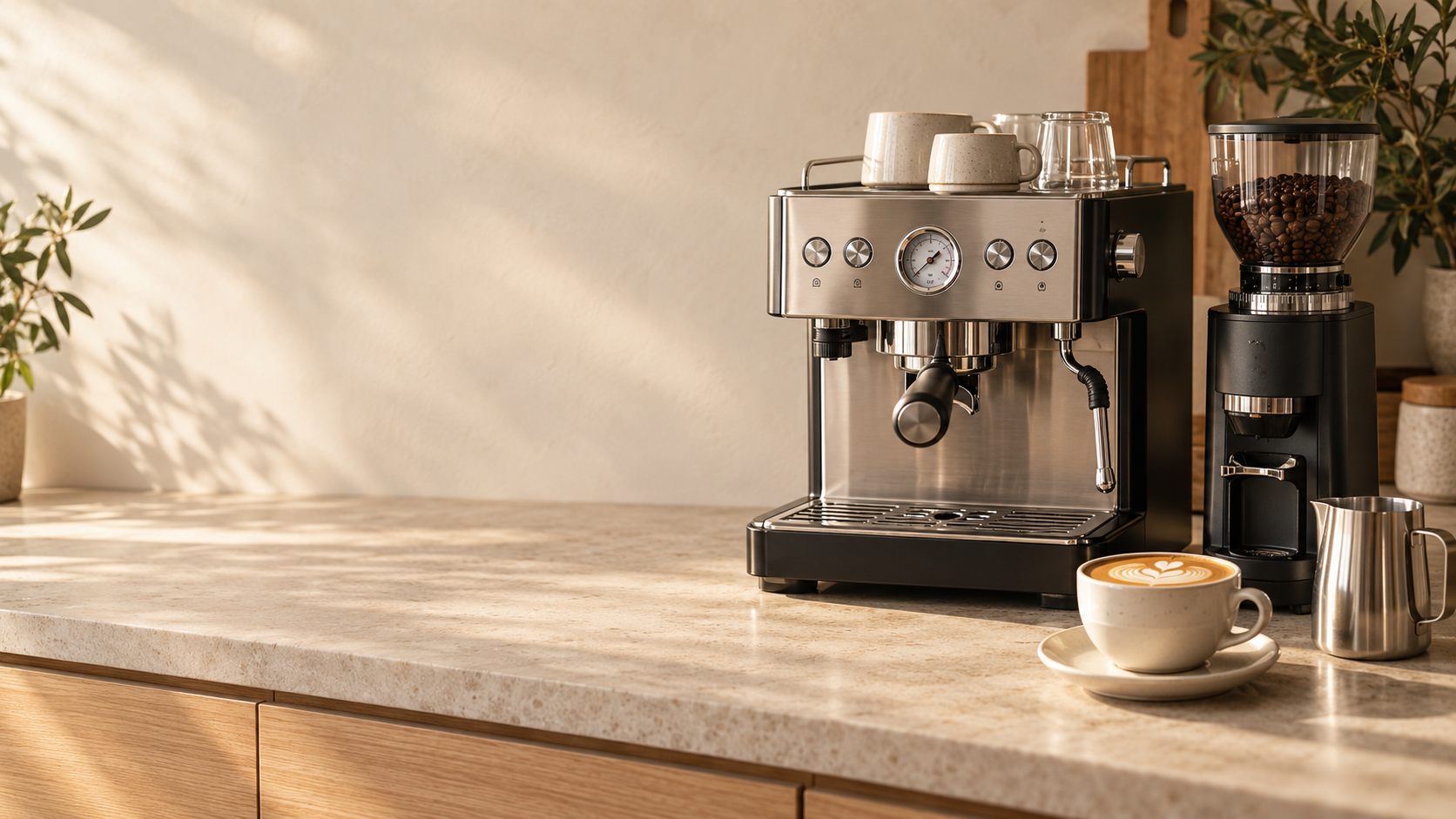 Espresso machine and grinder on a home kitchen bench