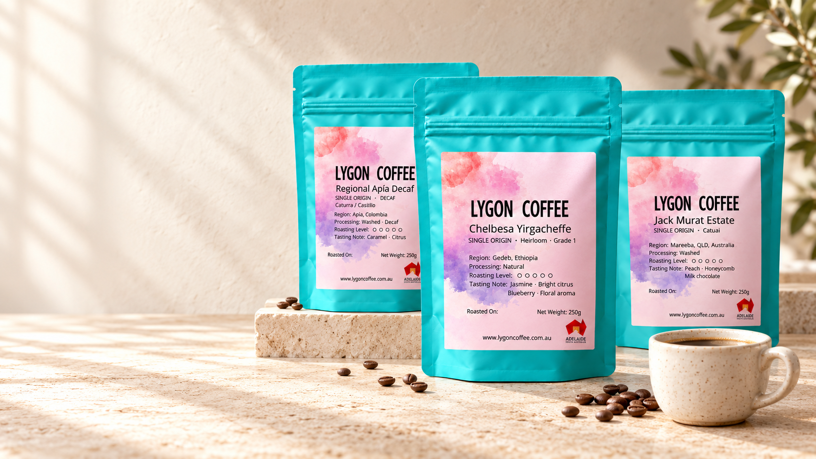 Lygon Coffee single origin bags with fresh cherries