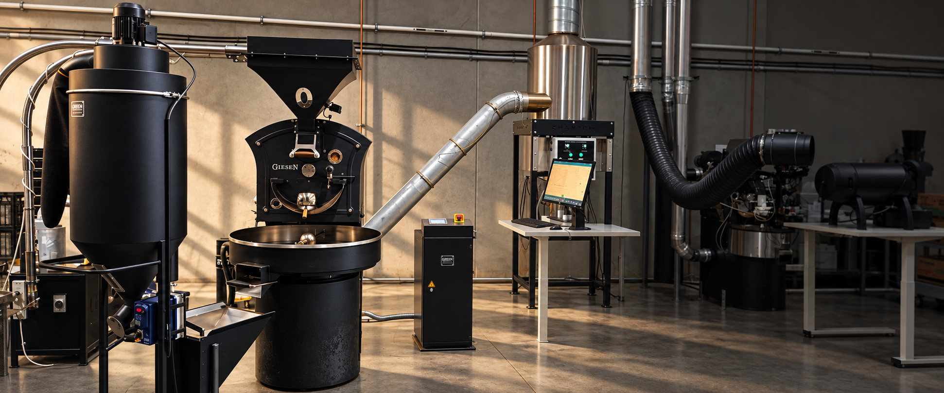 The LygonCoffee roastery in Adelaide, with the Giesen roaster and roast-profiling station